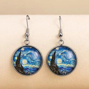 Starry Night Style Art Drop Earrings | Silver Tone Dangle | Round Art Jewelry